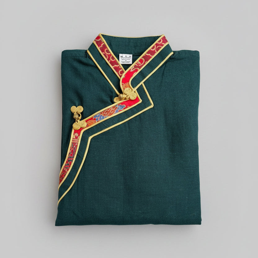 Oriental Tibetan Shirt with Silk Trim in Green